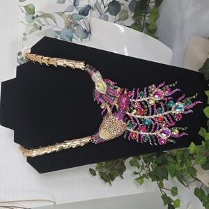 Large Statement Gold Peacock Necklace Multicolor Rhinestone